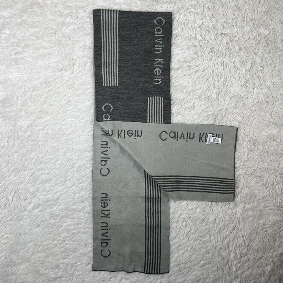CALVIN KLEIN Unisex Scarf Gray‎ & Dark Gray Reversible Knit Warm - Picture 1 of 7